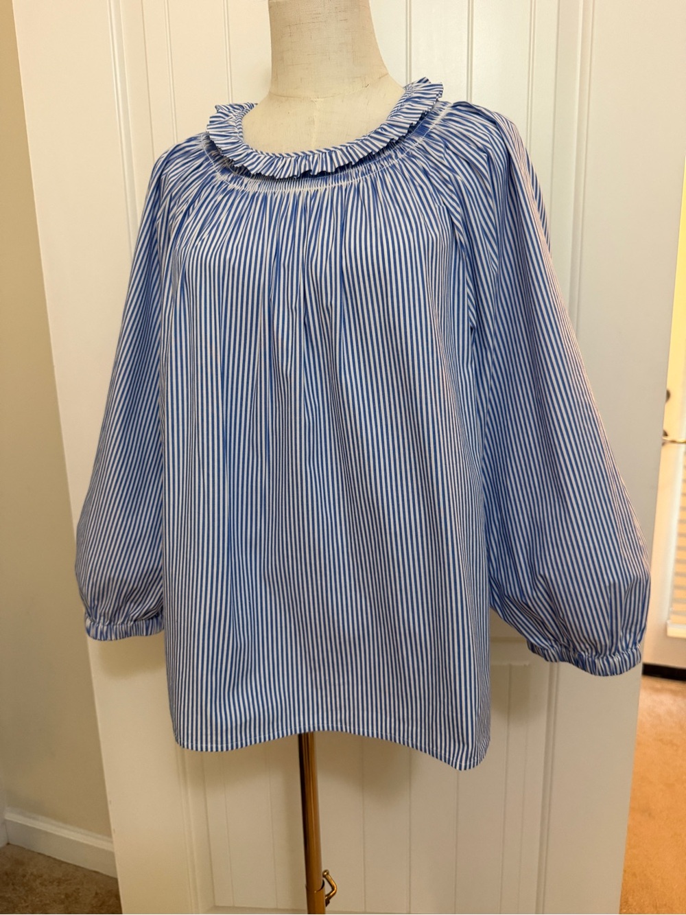J. Crew Blue & White Striped Blouse with Ruffle Trim Sz XL